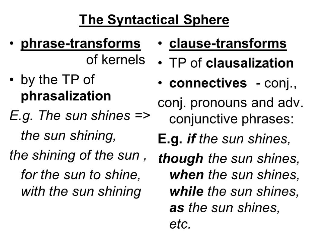 The Syntactical Sphere phrase-transforms of kernels by the TP of phrasalization E.g. The sun